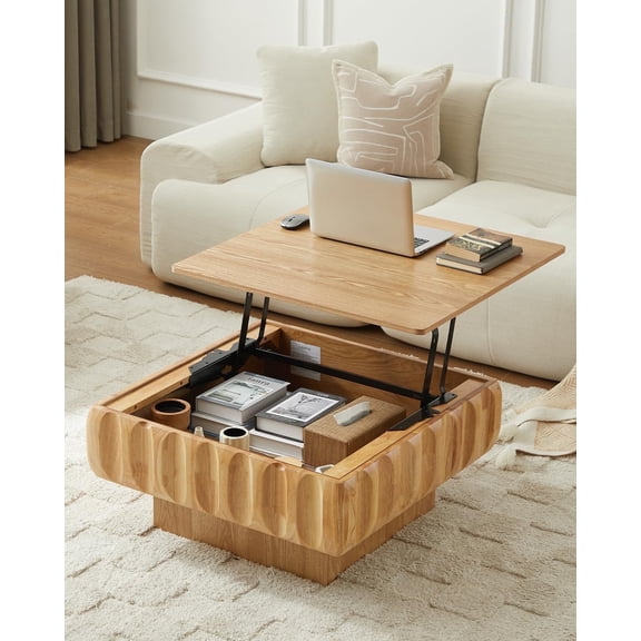 Lift Top Coffee Table with Hidden Storage, 31 inch Solid Wood Fluted Design for Small Space Living Room, Natural