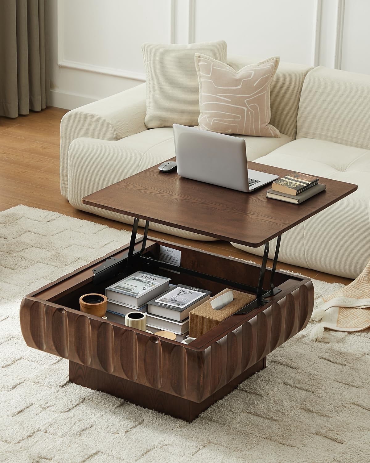 Lift Top Coffee Table with Hidden Storage, 31 inch Solid Wood Fluted Design for Small Space Living Room, Walnut