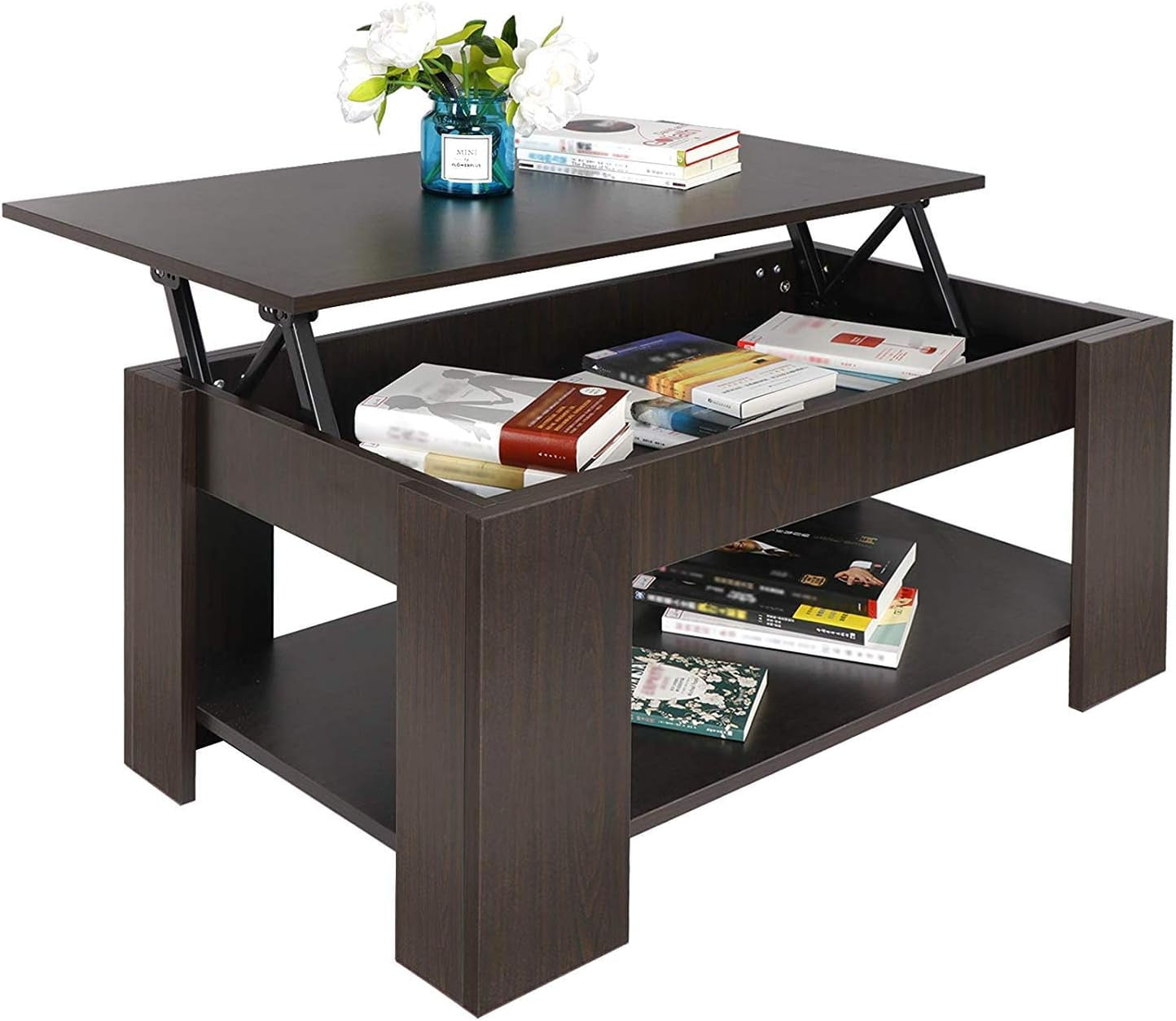 Lift Top Coffee Table with Hidden Storage Compartment & Lower Shelf for