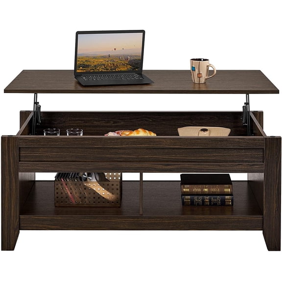 Lift Top Coffee Table with Hidden Storage Compartment & Open Shelves, Rising Tabletop Pop Up Table for Living Dining Room, 47.5'' L, Espresso