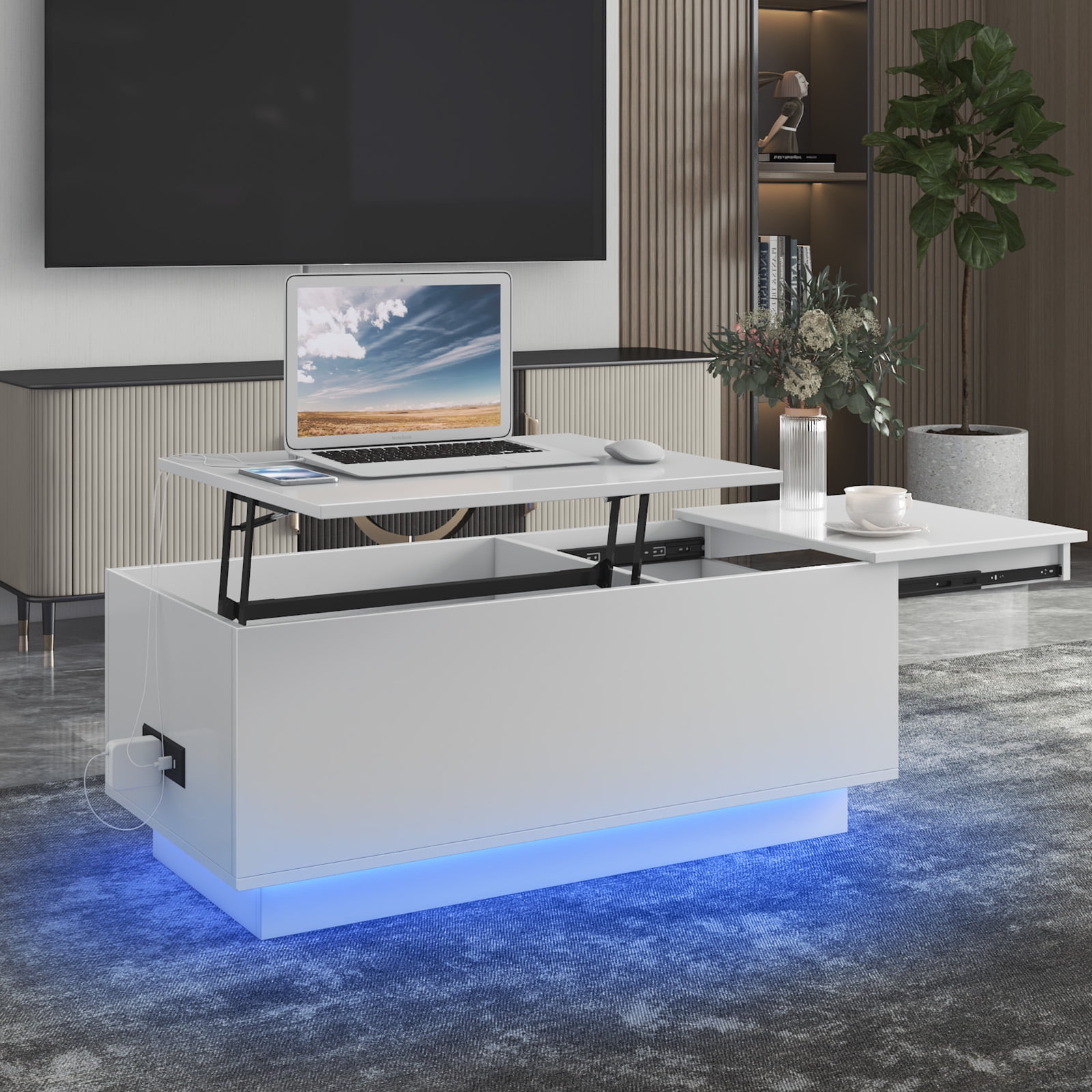HommPa LED Lift Top Coffee Table with Charging Station, Hidden Storage ...