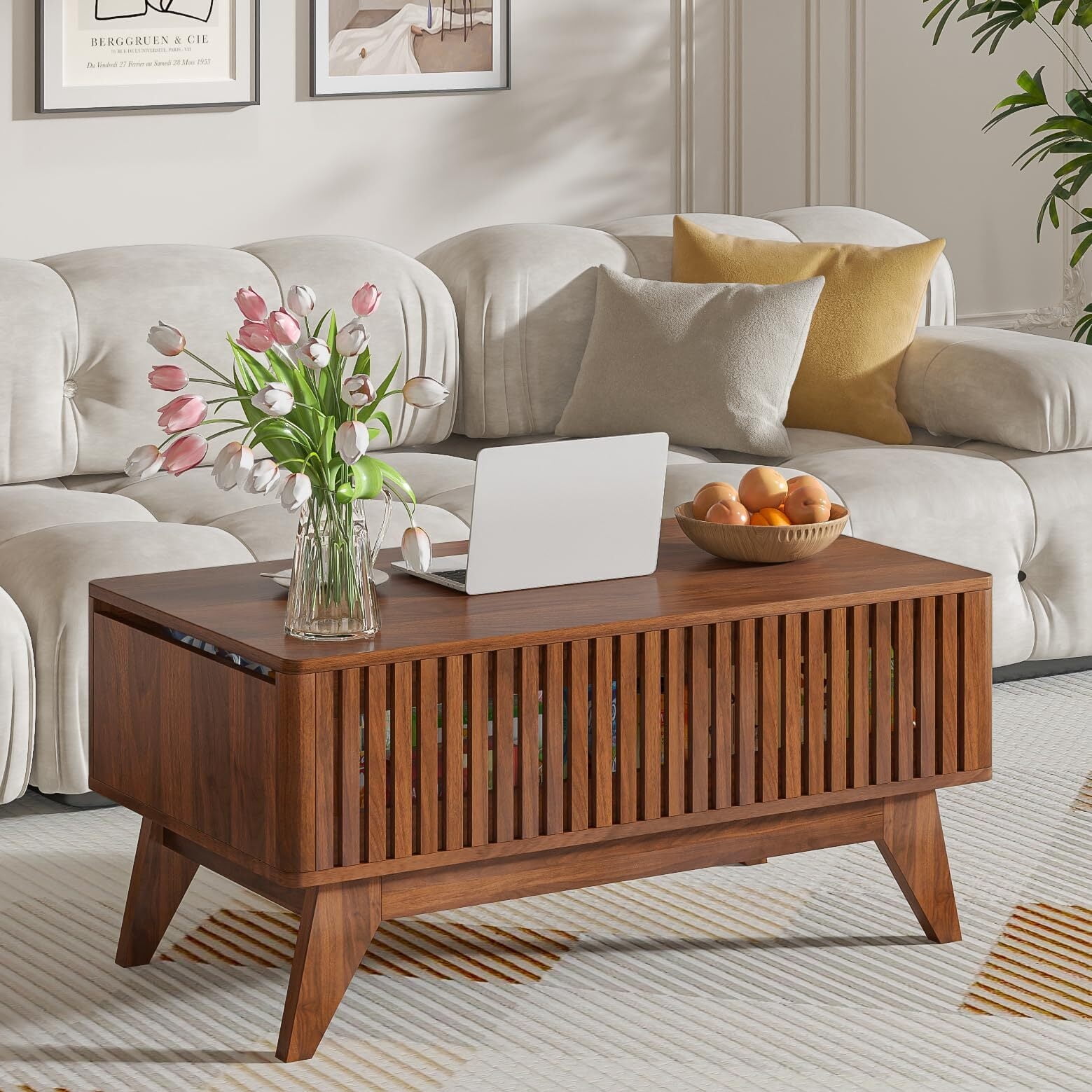 Lift Top Coffee Table with Hidden Storage, Mid Century Modern Fluted Farmhouse Center Table for Living Room, Walnut