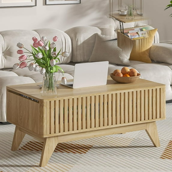 Lift Top Coffee Table with Hidden Storage, Mid Century Modern Fluted Farmhouse Center Table for Living Room, Wood