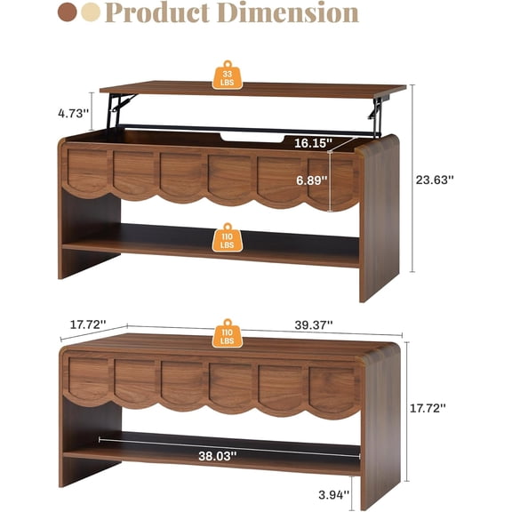 Lift Top Coffee Table with Hidden Storage, Modern Walnut Wooden Center Table for Living Room Office