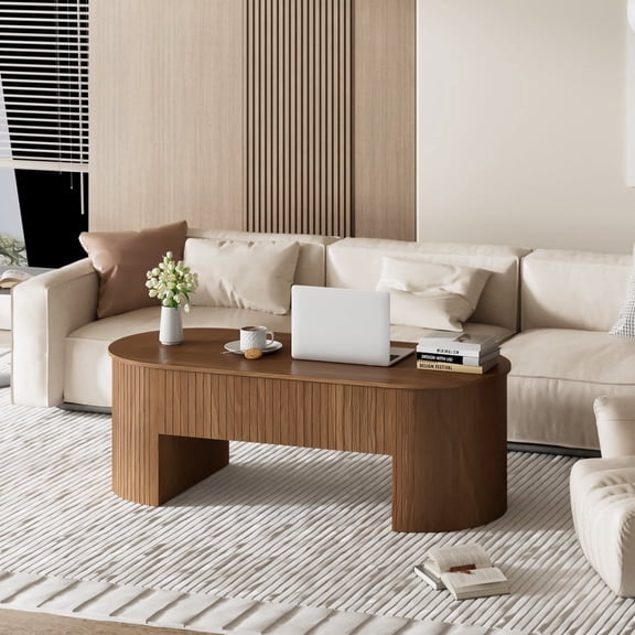 Lift Top Coffee Table with Hidden Storage, Oval Coffee Table for Living Room, Modern Center Table for Office (Walnut)