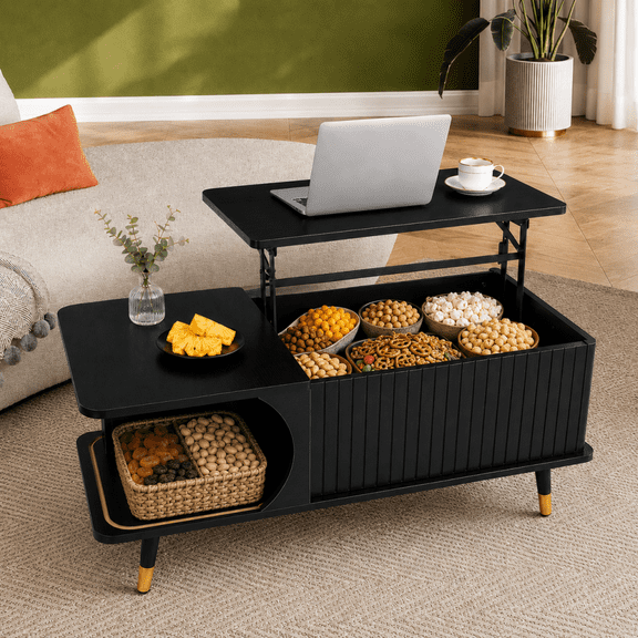 Lift Top Coffee Table with Hidden Storage, Wooden Lift Table with Large Storage Shelf, Mid-Century Modern Coffee Table for Living Room Office, Black