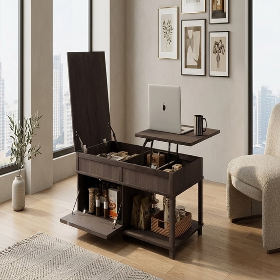 Lift-Top Coffee Table with Hidden Storage and Open Shelf - Antique Brown