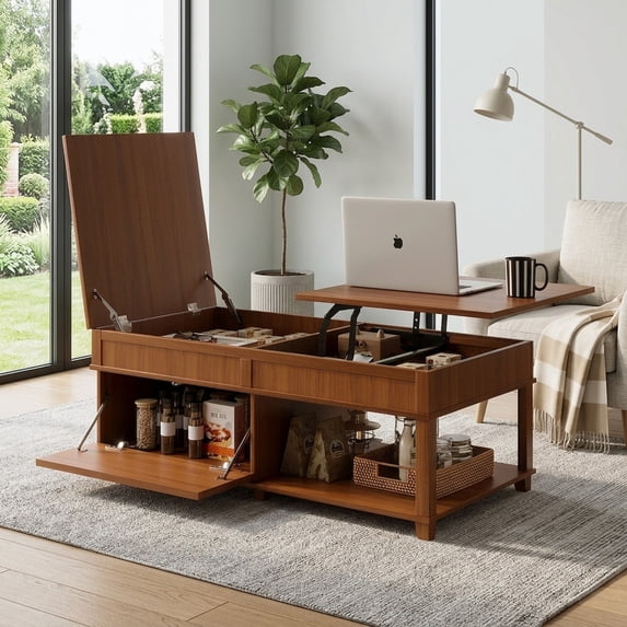 Lift-Top Coffee Table with Hidden Storage and Open Shelf - Apricot Brown