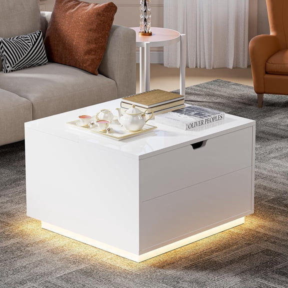 Lift Top Coffee Table with LED,High Gloss Coffee Table with Large Storage, Square Center Table for Living Room and Office (White-Lift-top)