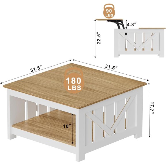 Lift Top Coffee Table with Storage, 31.5" Farmhouse White Wood Central Table for Living Room