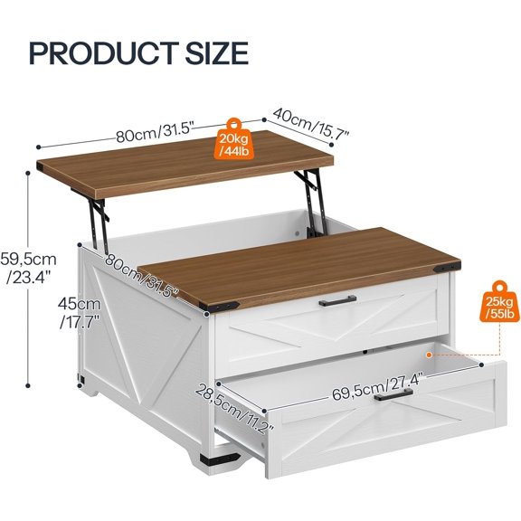 Lift Top Coffee Table with Storage, 31.5" Large Square Coffee Table with 2 Drawers, White Farmhouse