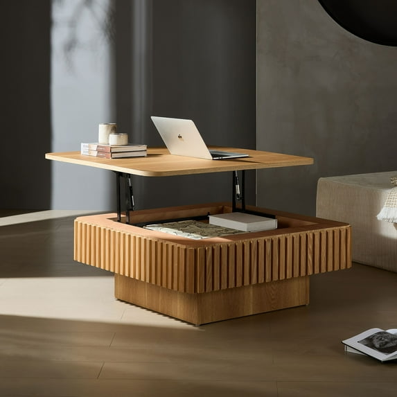 Lift Top Coffee Table with Storage, 35.5" Square Center Table with Large Hidden Space, Fluted Wood Accent Table for Living Room, Home Office, Natural