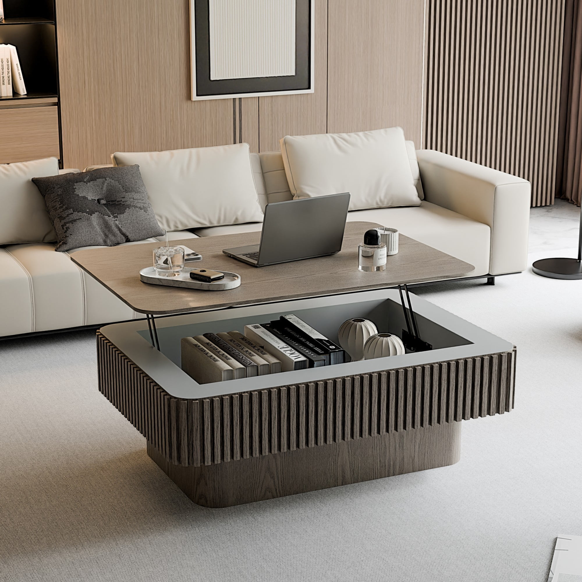 Lift Top Coffee Table with Storage, 38.6" Fluted Coffee Table with Adjustable Height, Modern Wood Veneer Center Table for Living Room, Grey