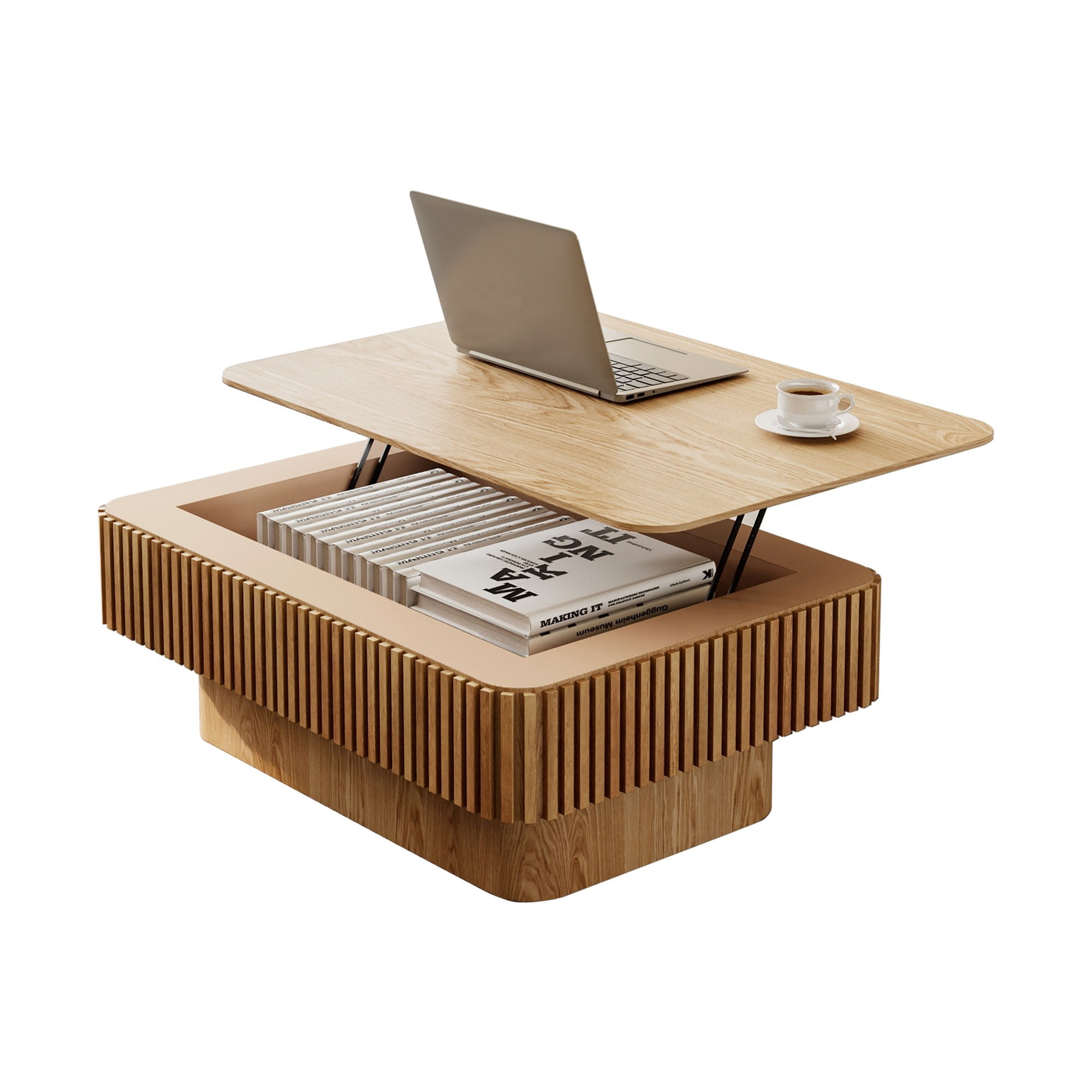 Lift Top Coffee Table with Storage, 38.6" Fluted Coffee Table with Adjustable Height, Modern Wood Veneer Center Table for Living Room, Natural
