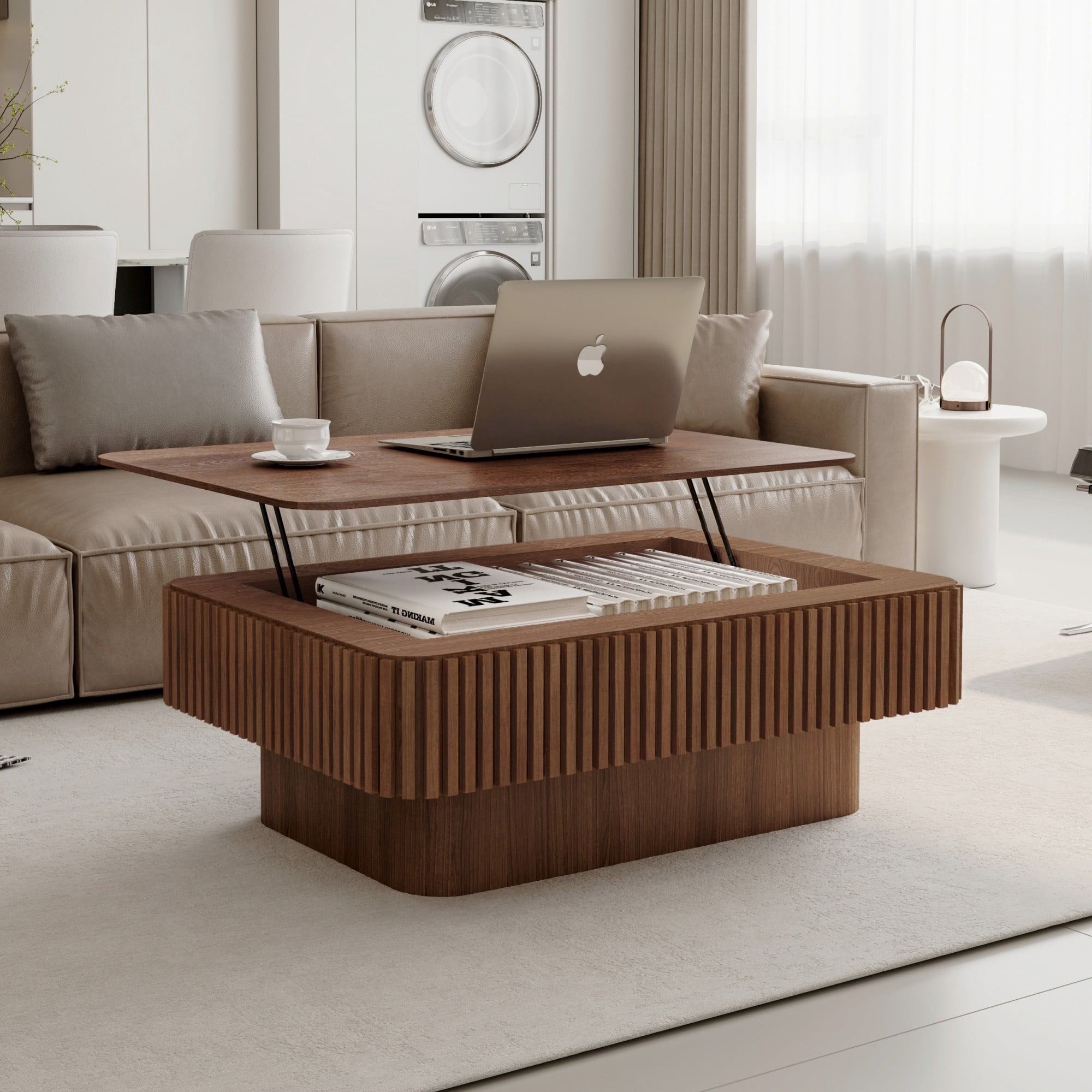 Lift Top Coffee Table with Storage, 38.6" Fluted Coffee Table with Adjustable Height, Modern Wood Veneer Center Table for Living Room, Walnut