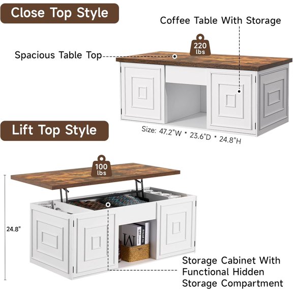Lift Top Coffee Table with Storage, 48" Rustic Center Table with Hidden Compartment and Cabinets, White Convertible Dining Table for Living Room