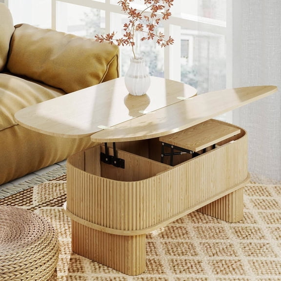 Lift Top Coffee Table with Storage, Converts to Dining Table, Oval Fluted Wood Center Table for Living Room