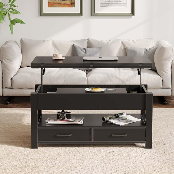 Lift Top Coffee Table with Storage Drawers and Hidden Compartment, Multi-Function Convertible Dining Table for Living Room Home Office Black