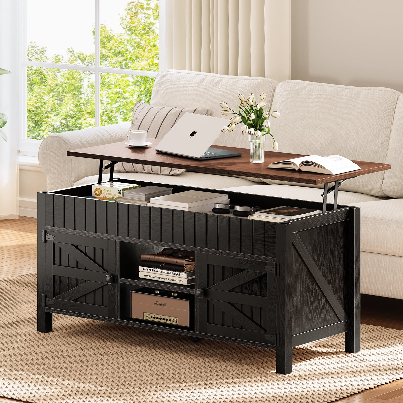 HIPPIY Co.ltd Lift Top Coffee Table with Storage, Farmhouse Black Coffee Tables for Living Room, Wood Center Table with Hidden Compartment, Adjustable Shelf