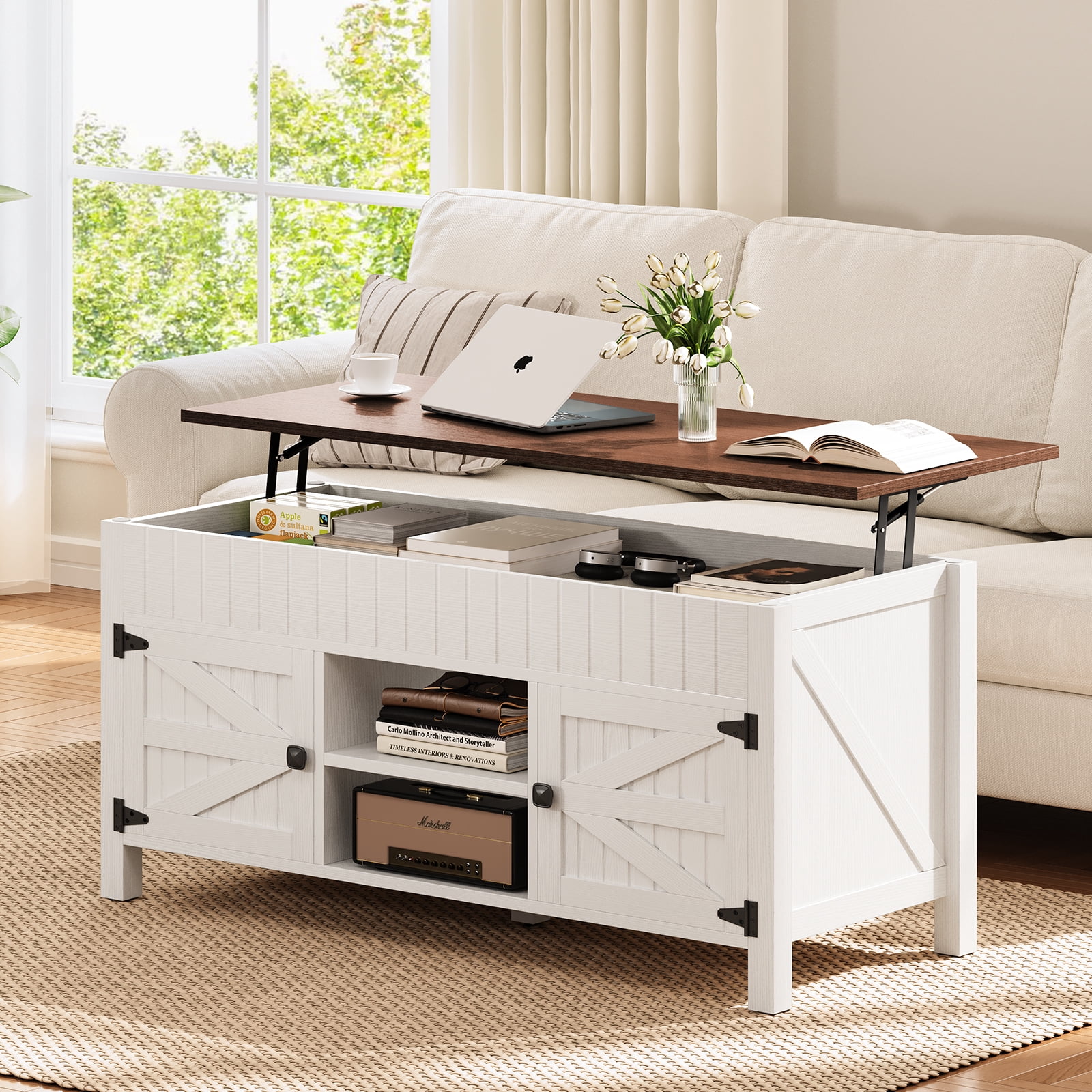 HIPPIY Co.ltd Lift Top Coffee Table with Storage, Farmhouse White Coffee Tables for Living Room, Wood Center Table with Hidden Compartment, Adjustable Shelf