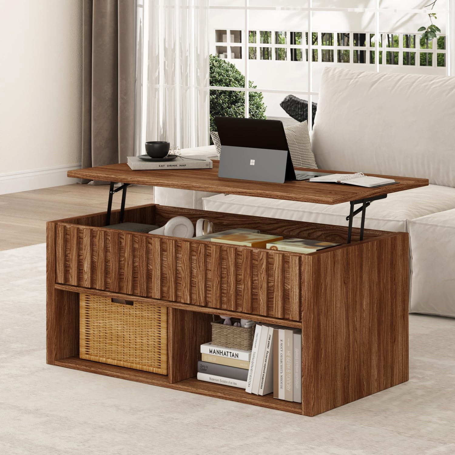 Lift Top Coffee Table with Storage, Fluted Coffee Table for Living Room ...