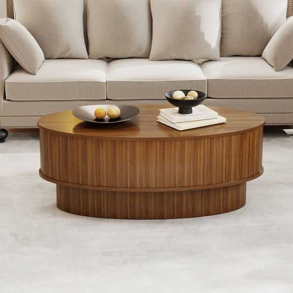 Lift Top Coffee Table with Storage, Mid Century Modern Coffee Table for Living Room, Oval Center Table for Small Space, Walnut