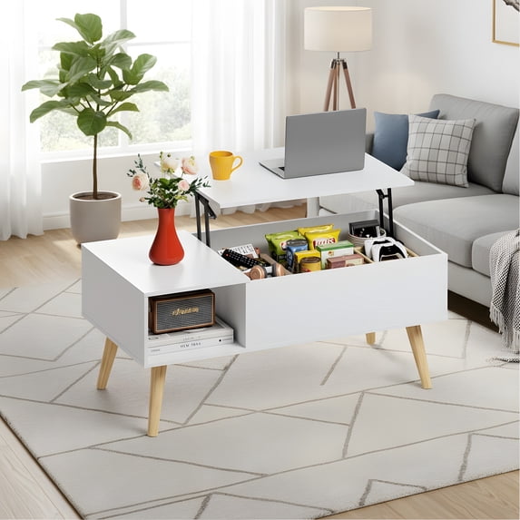 Lift-Top Coffee Table with Storage - Modern White Design for Living Room