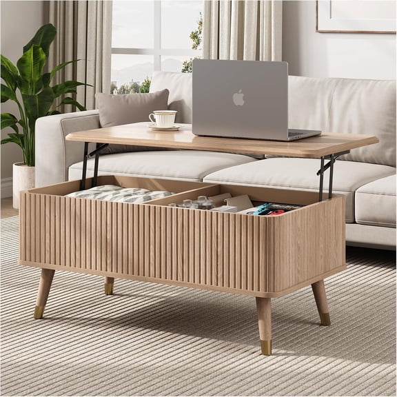 Lift Top Coffee Table with Storage,Natural Wood Center Table for Living Room, Modern Farmhouse Oak Fluted Design,Pop-Up Desk for Work & Dining