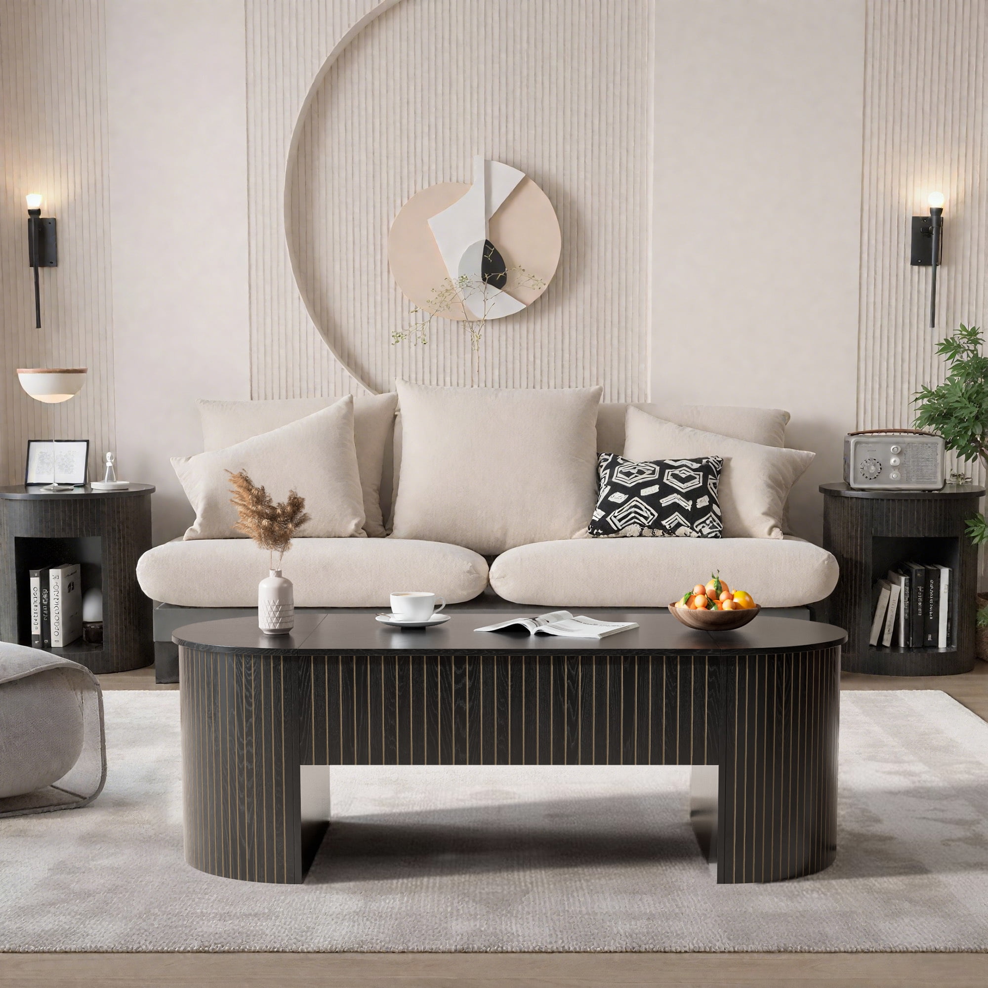 Lift Top Coffee Table with Storage, Oval Center Table with Hidden Compartment, Modern Coffee Table for Living Room, Black