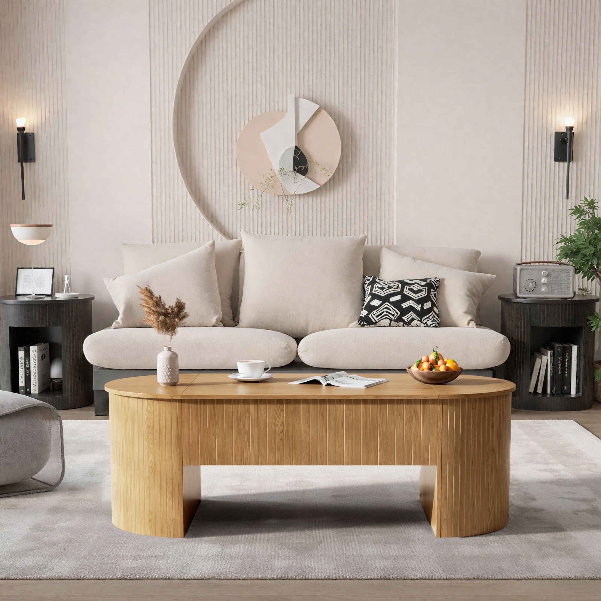 Lift Top Coffee Table with Storage, Oval Center Table with Hidden Compartment, Modern Coffee Table for Living Room, Wood