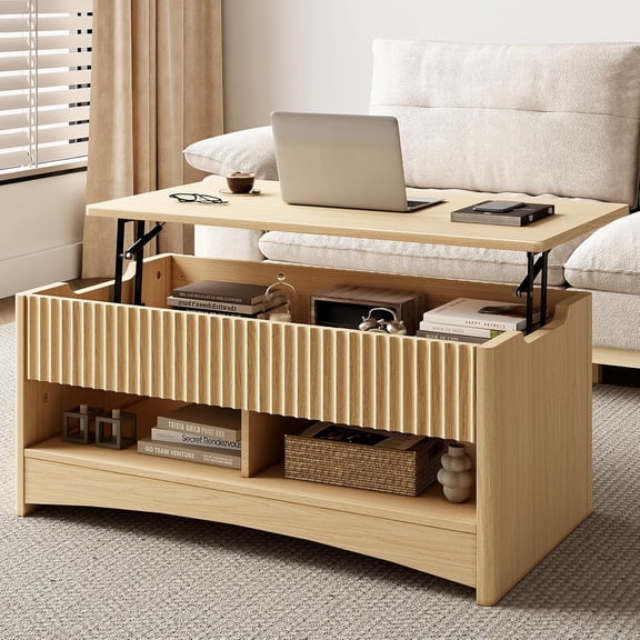 Lift Top Coffee Table with Storage Shelf & Hidden Compartment, Modern Fluted Rectangle Dining Table for Living Room, Home Office,Natural Oak