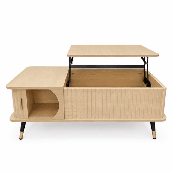 Lift Top Coffee Table with Storage Shelf and Hidden Compartment, Mid-Century Modern Wood Center Table for Living Room Office, Natural