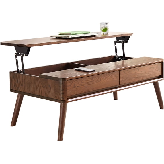 Lift Top Coffee Table with Storage, Solid Oak Wood, Walnut Finish, Floating Desk for Living Room