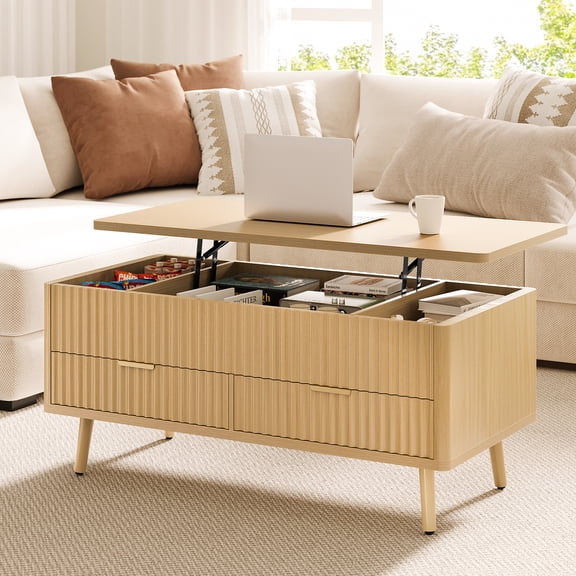 Lift Top Coffee Table with Storage, Wood Coffee Tables for Living Room with Drawers & Hidden Compartment, Mid Century Modern Center Table, Natural