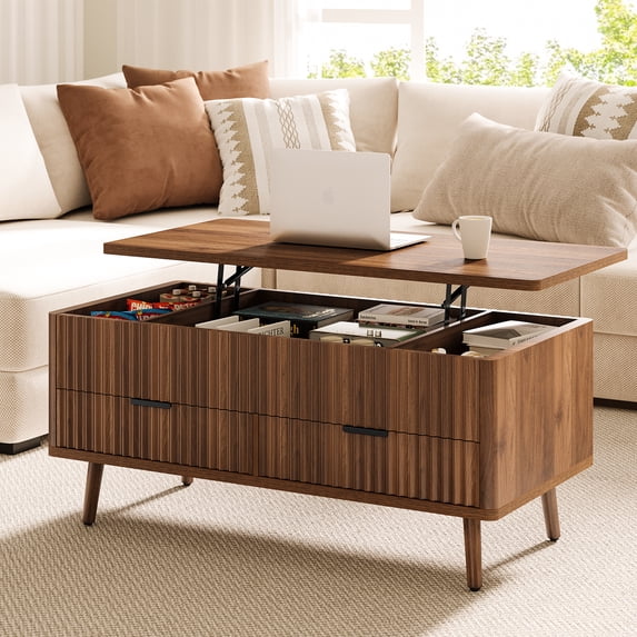 Lift Top Coffee Table with Storage, Wood Coffee Tables for Living Room with Drawers & Hidden Compartment, Mid Century Modern Center Table, Walnut
