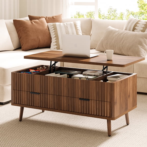 Lift Top Coffee Table with Storage, Wood Coffee Tables for Living Room with Drawers & Hidden Compartment, Mid Century Modern Center Table, Walnut