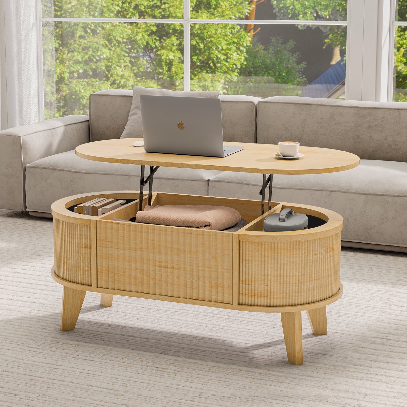 Lift Top Coffee Table with Storage, Wood Modern Oval Coffee Table ...