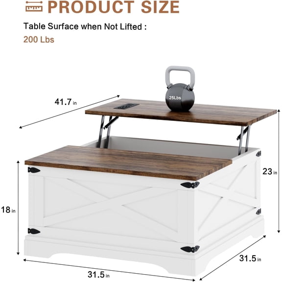 Lift Top Coffee Table with Storage and Charging Ports, White Square Farmhouse Dining Table for Living Room