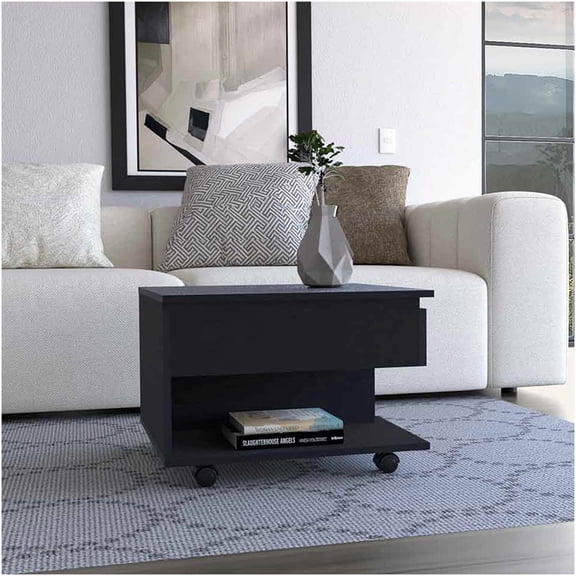 Lift Top Coffee Table with Wheels, Lift Top Mechanism, Locking Casters and Storage Shelf, Modern Black End Table for Living Room