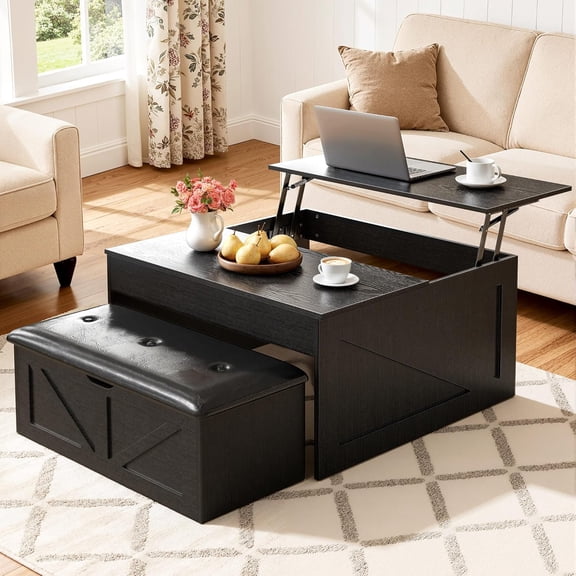 Lift Top Coffee Tables with Storage Hidden Compartment, 31.5 Farmhouse Coffee Tables with Bench, Center Table with Wooden Lift Tabletop for Living Room, Black