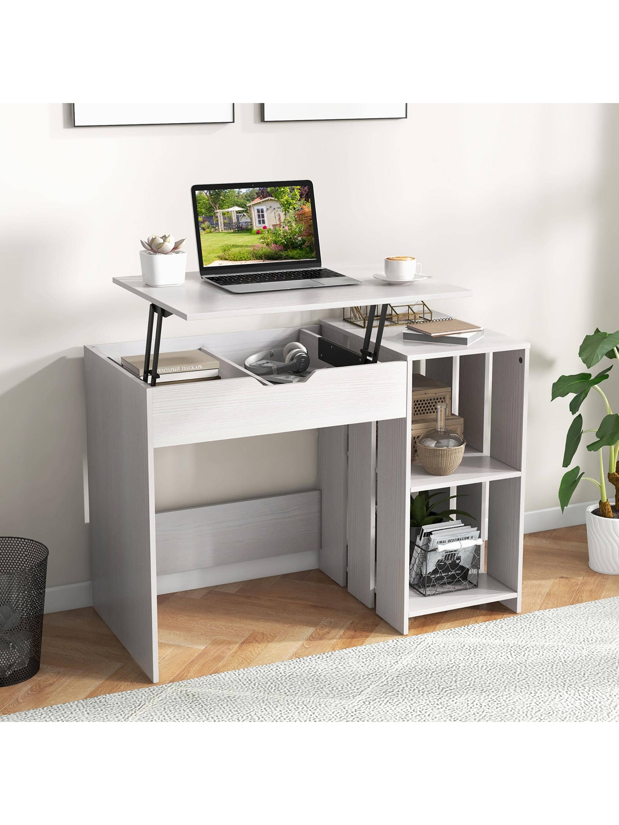 Lift Top Computer Desk Standing Desk with Hidden Compartments & Storage