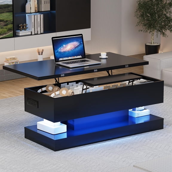 Lift Top Convertible Dining Table with Storage - Modern High Gloss Black - Adjustable Expandable Design - LED & APP Control - Ideal for Living Room, Dining Room, Home Office