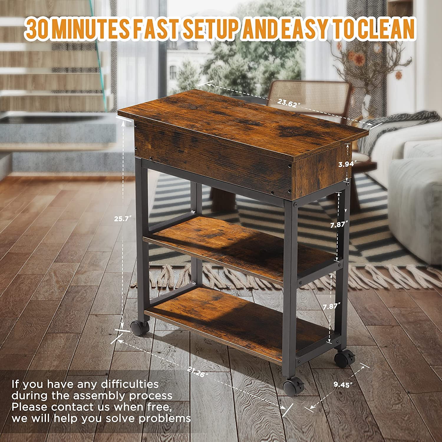 Lift Top End Table with Charging Station, Mobilizable Narrow Side Table