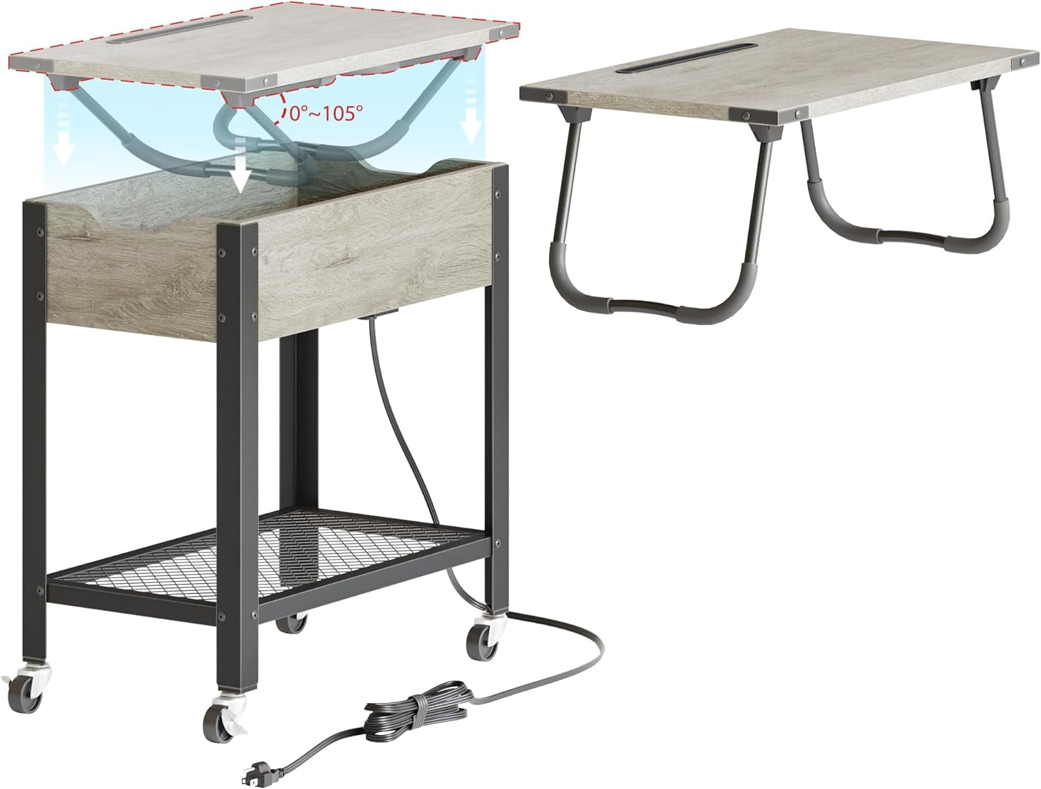 Lift Top End Table with Charging Station and Wheels, Sofa Side Table