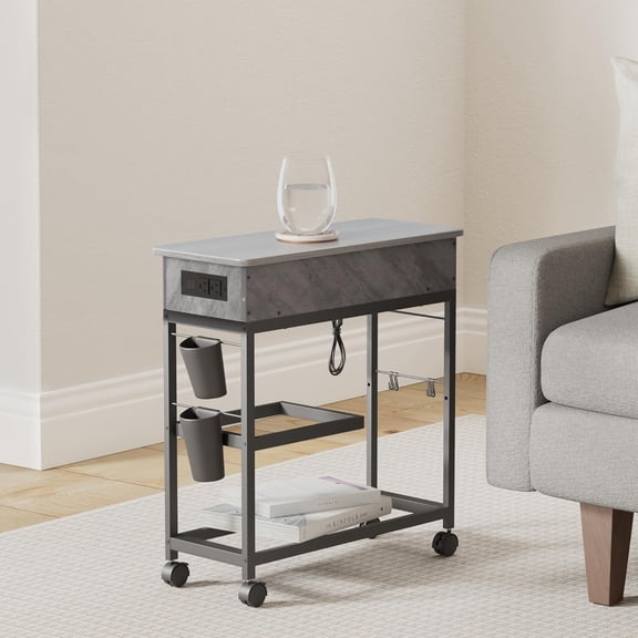 Lift Top End Table with Charging Station and Wheels, Sofa Side Table with USB Port & AC Outlets, Movable Bedside Nightstand with Side Bag for Office Living Room Bedroom(Gray)