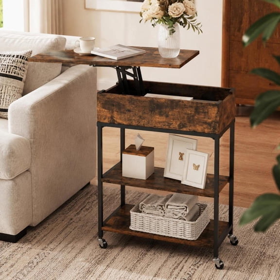 Lift Top End Table, with built-in charging station, hidden storage compartment, and universal rolling wheels