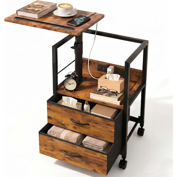 Swivel Lift Top Nightstand with Charging Station, Rolling Side Table, 2 Fabric Drawers, Brown Bestseling