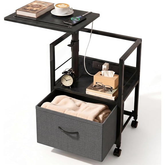 Black Gray 1 Drawer Swivel Lift Top Bedroom Nightstand