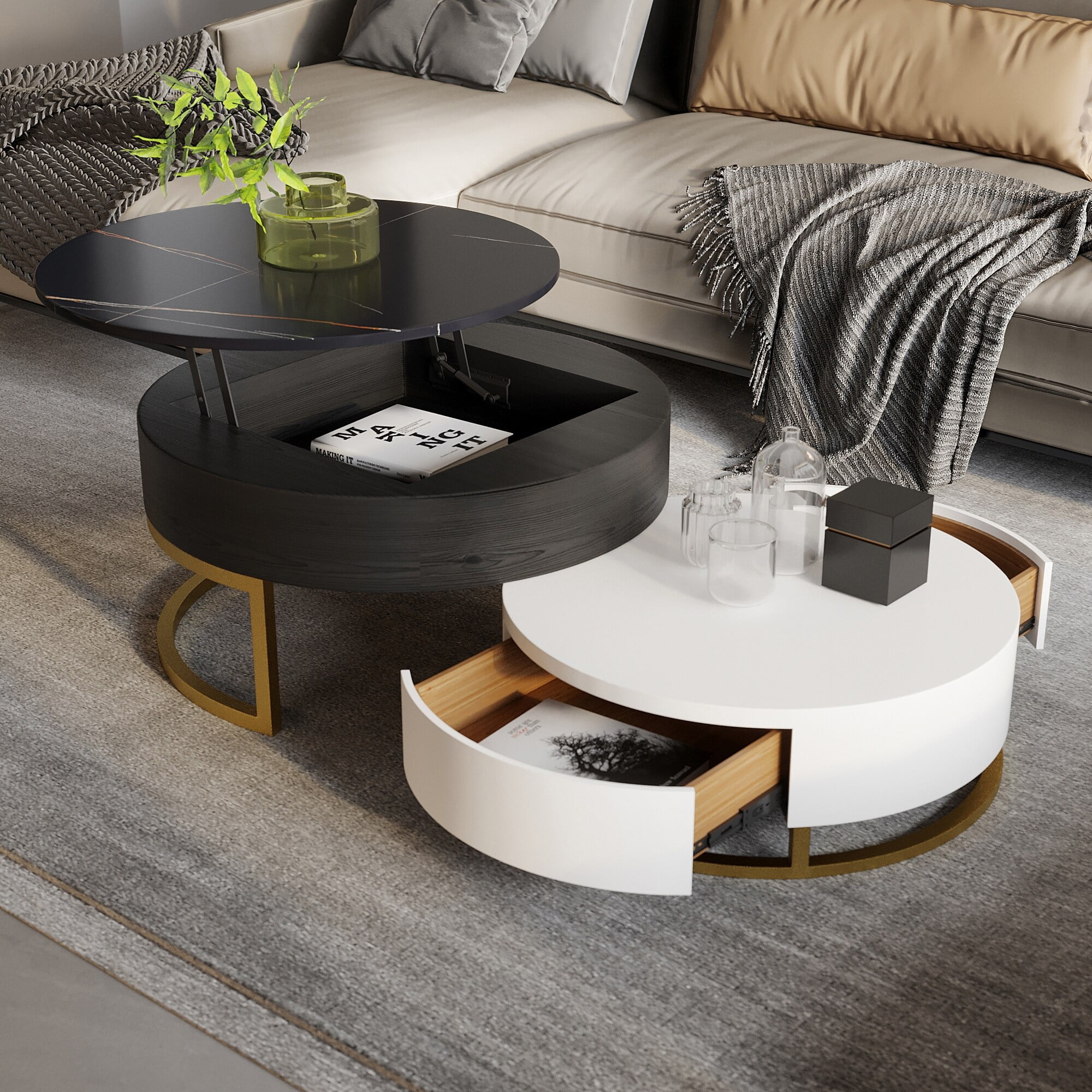 Lift-Top Round Coffee Table Set of 2 with Storage, 2 Pinewood Drawers ...