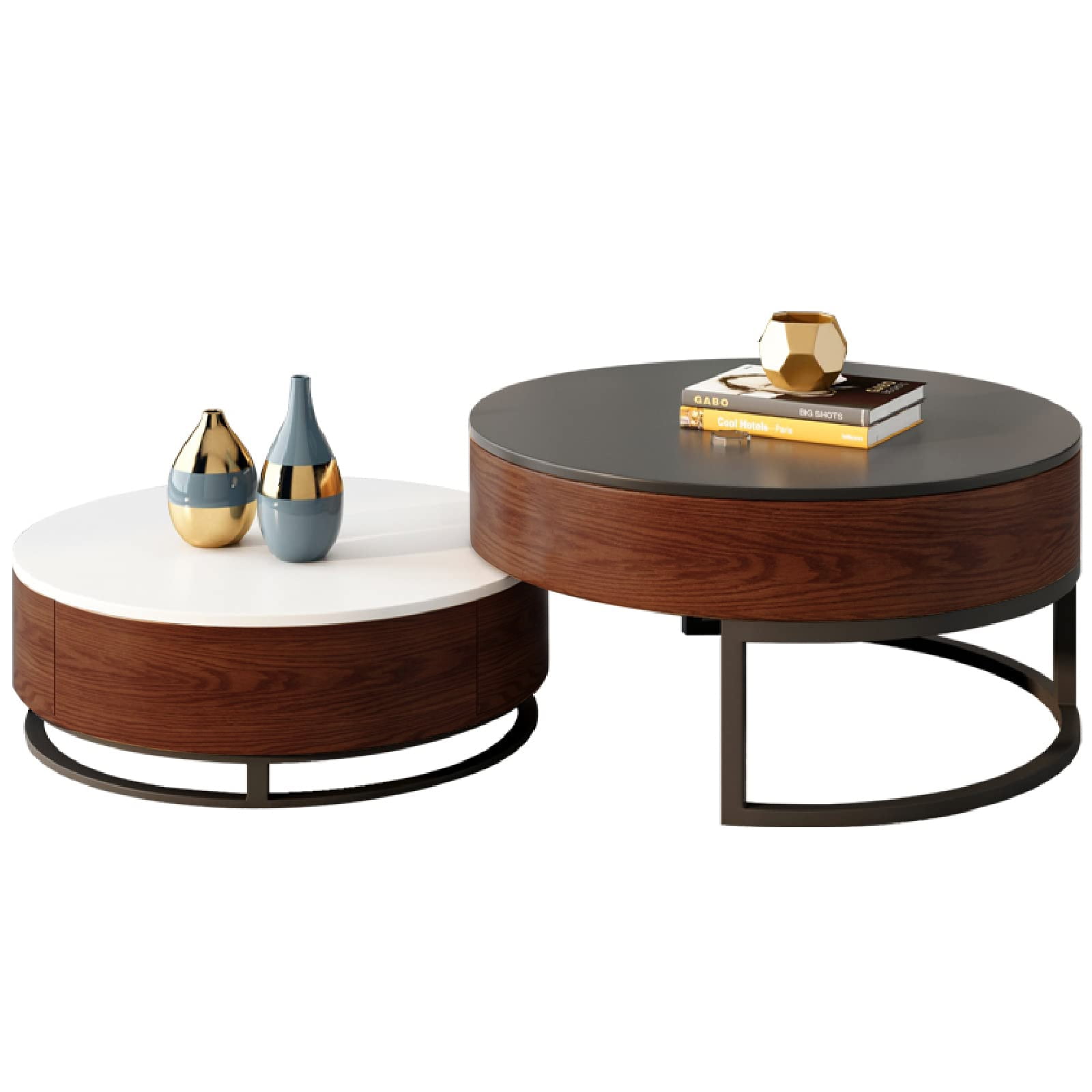 LiftTop Round Coffee Table Set of 2 with Storage, 2 Pinewood Drawers, Swivel Tabletop, Nesting